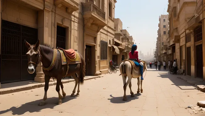 Egyptian Girl Rides Donkey through Cairo's Vibrant Streets