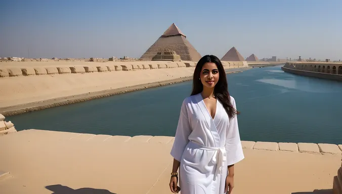 Egyptian Girl Stands by Sphinx with Nile River Background