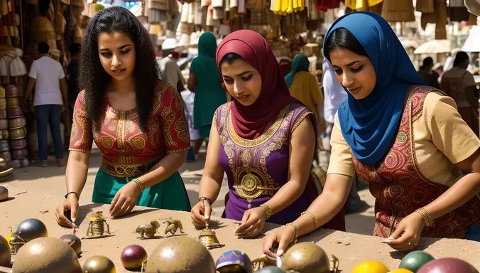 Egyptian Girls Play with Scarabs in Colorful Cairo Market