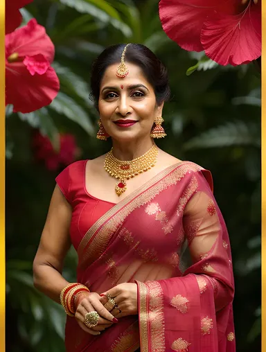 Elegance Personified: Beauty Aunty in Vibrant Hibiscus Backdrop