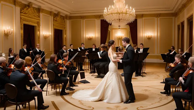 Elegant Ballroom Hug with Grand Chandelier and Orchestra
