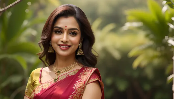 Elegant Beauty Aunty in Red Saree and Bindi