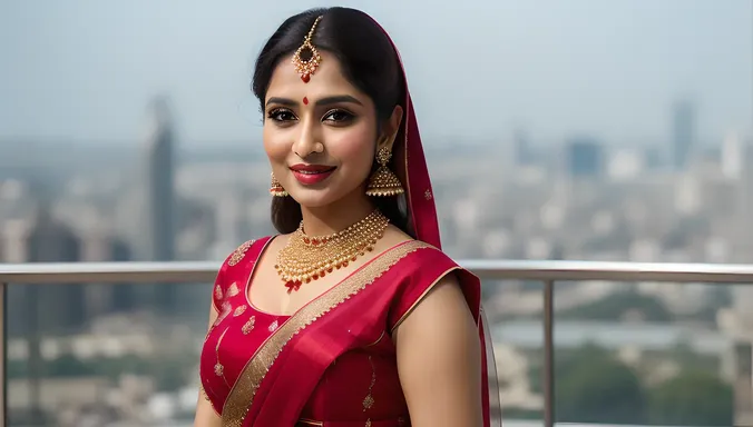 Elegant Deshi Bhabhi in Stunning Sari Cityscape Portrait