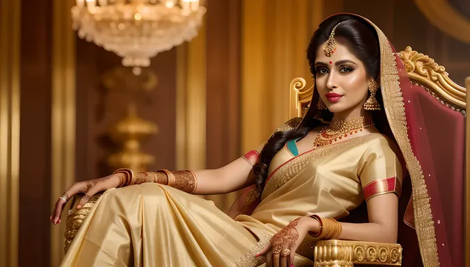 Elegant Dulhan in Cream and Gold Saree in High Definition PNG.