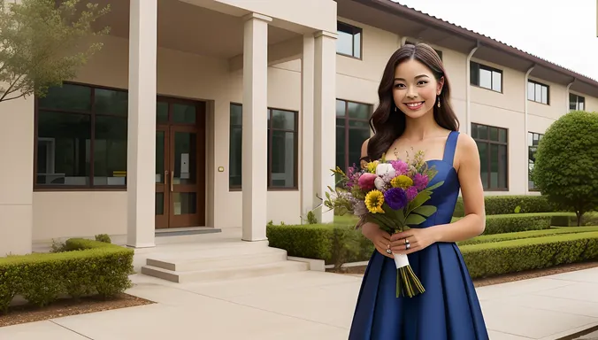 Elegant School Girl with Flowers and Formal Dress