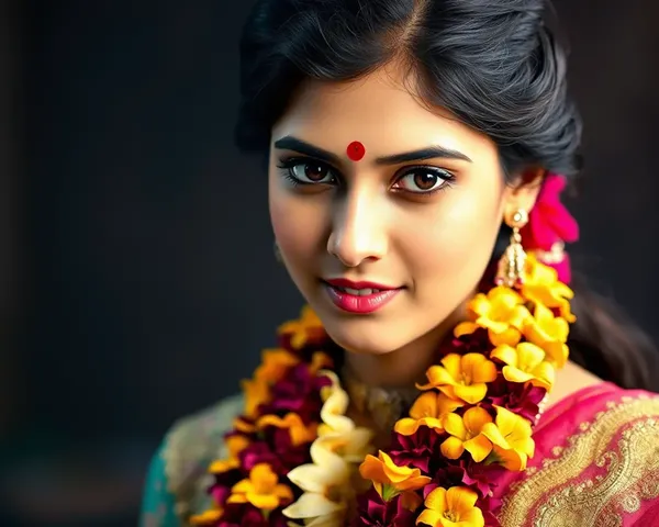 Elegant Woman with Poo Malai Flower Garland PNG