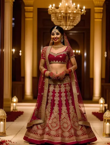 Elegantly Dressed Bride in Grand Hall with Chandeliers