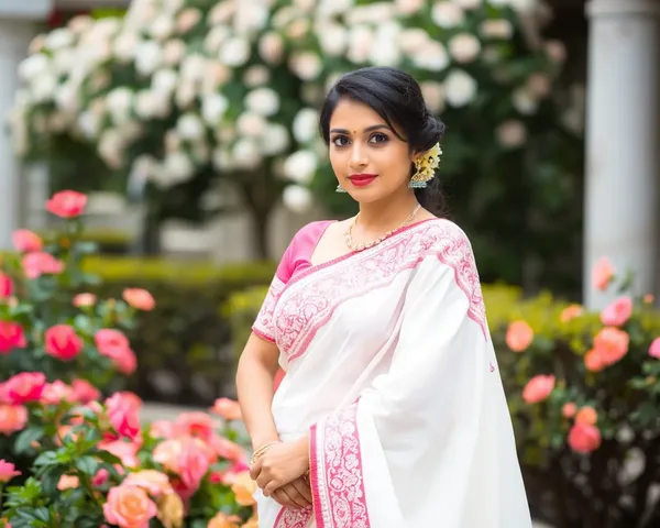 Elegantly Dressed White Saree Woman in a Garden