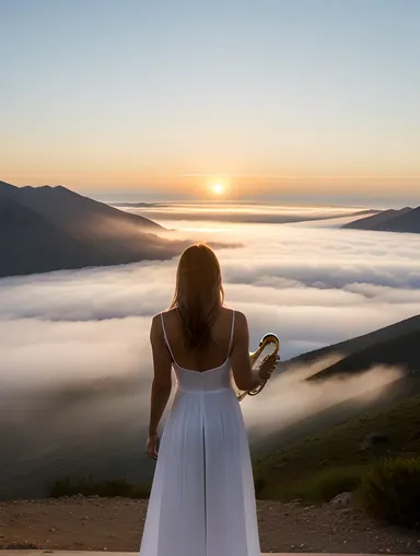 Ethereal Saxy Woman on Mountain Top with Saxophone