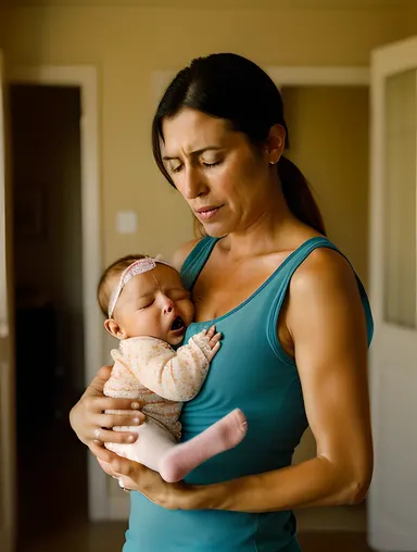 Exhausted Mother Holds Crying Baby in Dark Room