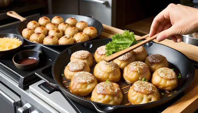 Expertly Flipping Taki Takoyaki on Sizzling Griddle