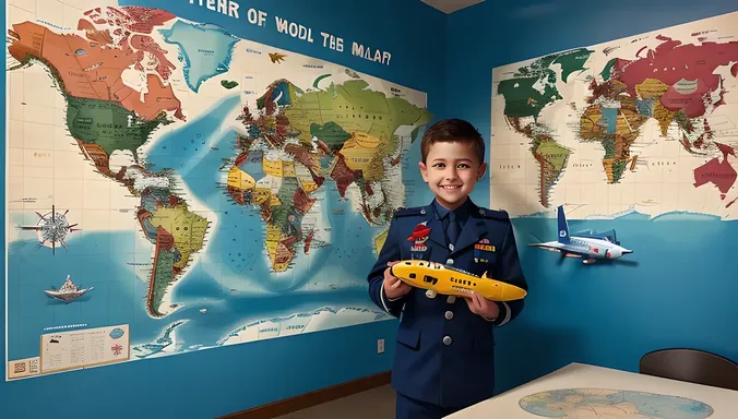 Exploratory Air Force Boy with World Map and Toy Plane