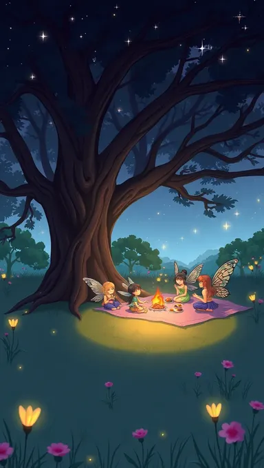 Fairies Have Picnic Under Giant Tree at Night