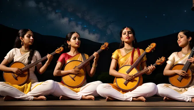 Fairies Play Saraswati's Veena Under Starry Night Sky