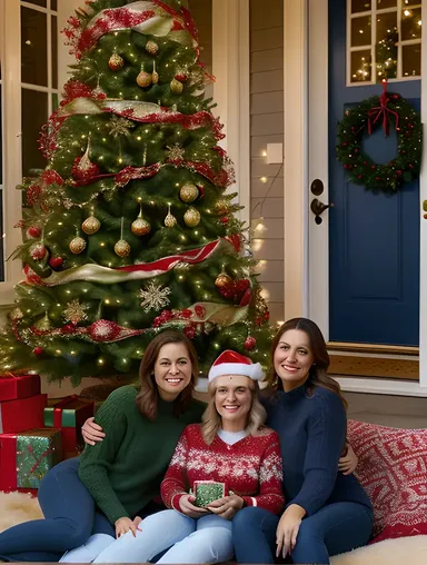 Family Gathering Around Decorated Fir Tree