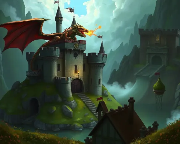 Fantasy Castle with Dragon on Battlements and Fiery Glow