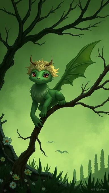 Fantasy Creature on Sage Green Background with Mystical Forest