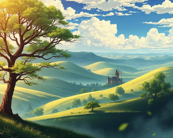 Fantasy Landscape in Anime World with Rolling Hills and Castle