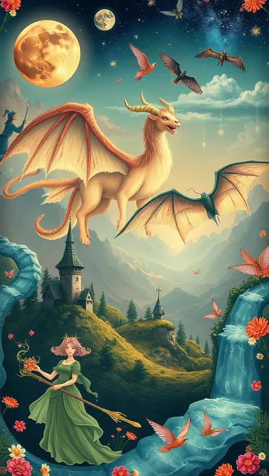 Fantasy-Themed Wallpaper with Mythical Creatures and Whimsical Designs