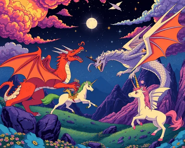 Fantasy World with Dragons, Unicorns, and Magic Spells Retro Anime Wallpaper