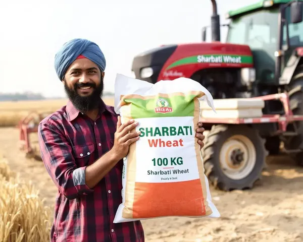 Farmer Holds 100 kg Sharbati Wheat Bag with Tractor Background