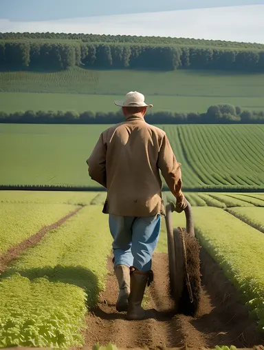 Farmer Toils Unflaggingly in the Fields