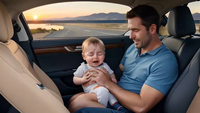 Father Calms Crying Baby in Car Seat