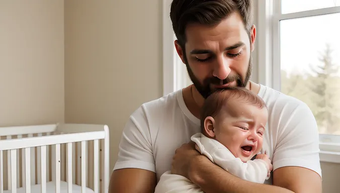 Father Soothes Crying Baby on His Shoulder