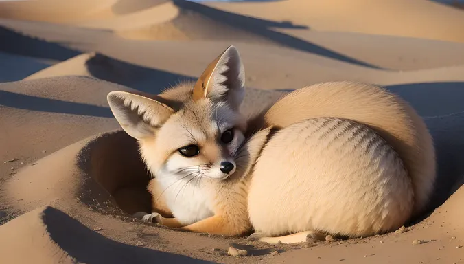 Fennec Fox Curling Up for Warmth in Chilly Desert Morning.