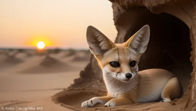 Fennec Fox Peeking Out at Sunset with Golden Glow.