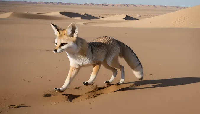 Fennec Fox Running Effortlessly Across Desert Floor with Long Legs.
