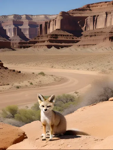 Fennec Fox Views Desert Canyon from Rocky Outcropping