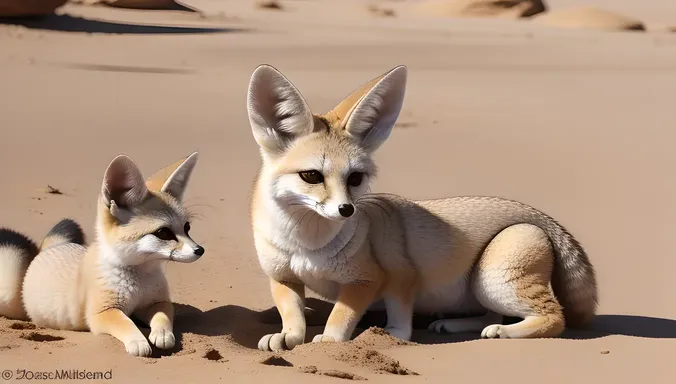 Fennec Fox and Kits Playing Together in Sunny Desert Clearing.