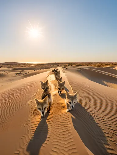 Fennec Foxes Play in Sandy Dune Sunset Scene