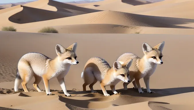 Fennec Foxes Playing in Desert Sand Dunes with Ears Flapping.