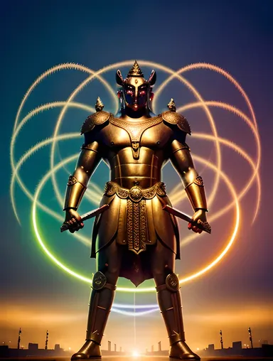 Fierce Hayagriva Protector Standing Guard with Cityscape and Vortex.