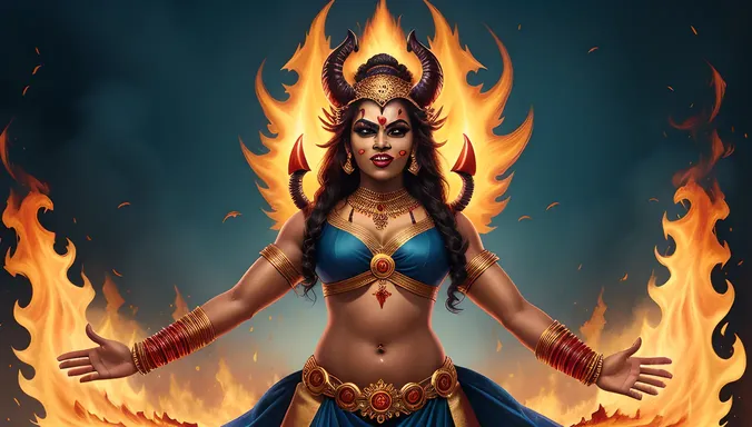 Fierce Tamilian Goddess Kali with Multiple Arms and Flames
