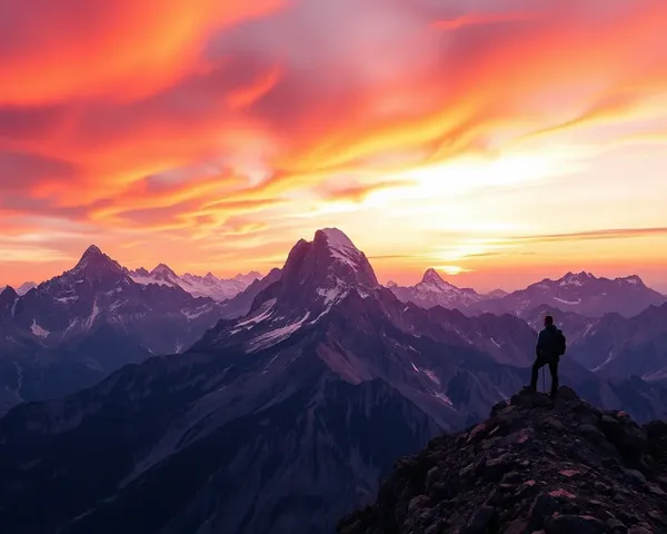 Fiery Sunrise Sky with Lone Hiker at Summit