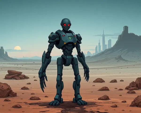 Flex Machine with Glowing Red Eyes in Desolate Wasteland Cityscape