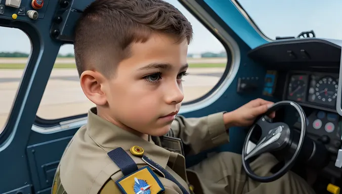 Focused Air Force Boy in Toy Plane Cockpit