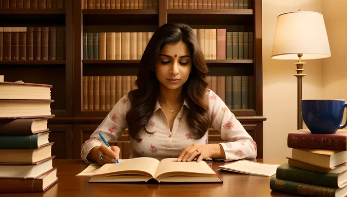 Focused Bhabhi Studying with Hot Tea and Books