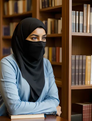Focused Niqab Girl in Quiet Library