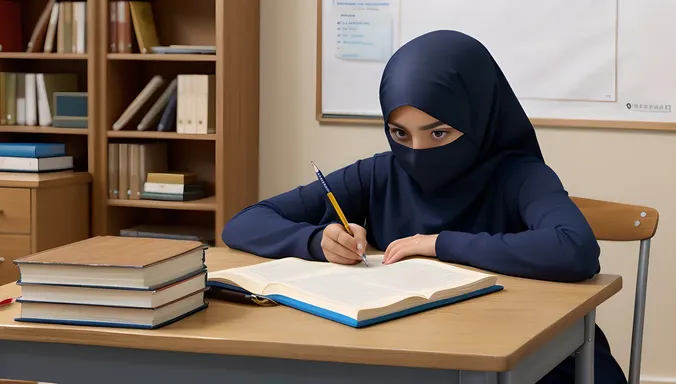 Focused Niqab-Wearing Girl Studies at Desk with Determined Expression