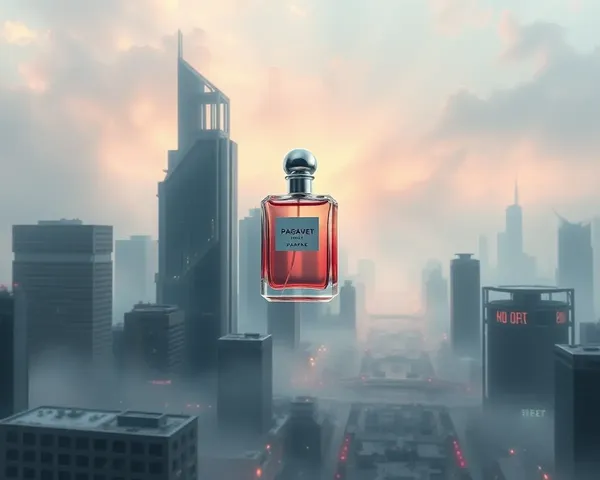 Foggy Cityscape with Hovering Perfume Bottle
