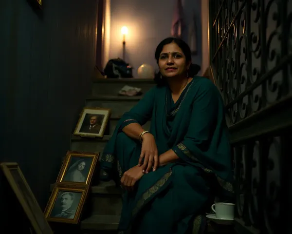 Forgotten Memories Haunt Sad Punjabi Woman on Staircase