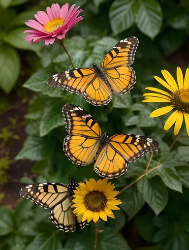 Foursome Butterflies Flutter Around Colorful Flower Garden