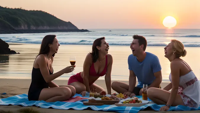 Foursome Friends Enjoy Beachside Picnic with Sunset