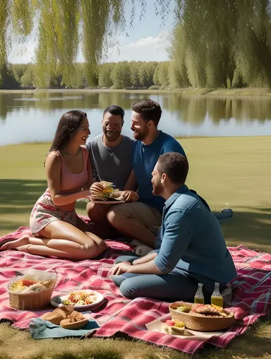 Foursome Friends Enjoy Picnic Under Willow Tree