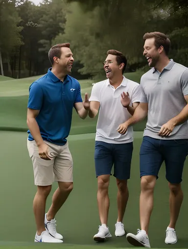 Foursome Friends Have Fun Playing Mini Golf Together