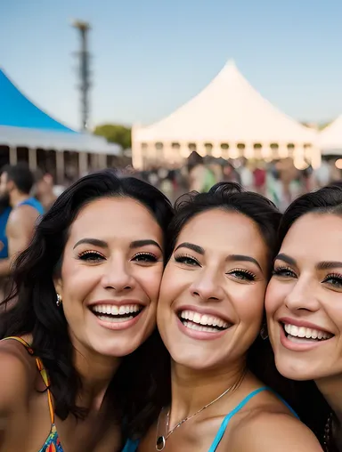 Foursome Friends Laugh Take Selfie at Music Festival